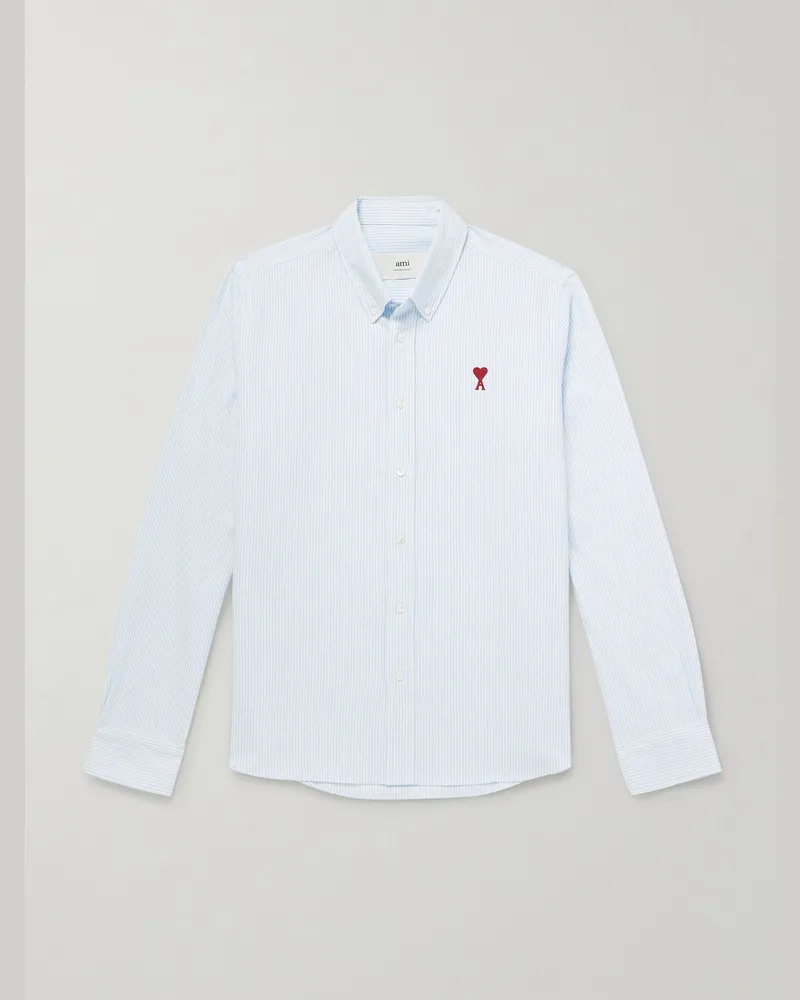 AMI Paris ADC Hemd aus gestreiftem Baumwoll-Oxford mit Button-Down-Kragen und Logostickerei Blau