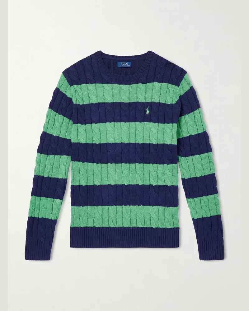 Ralph Lauren Logo-Embroidered Striped Cable-Knit Cotton Sweater Green