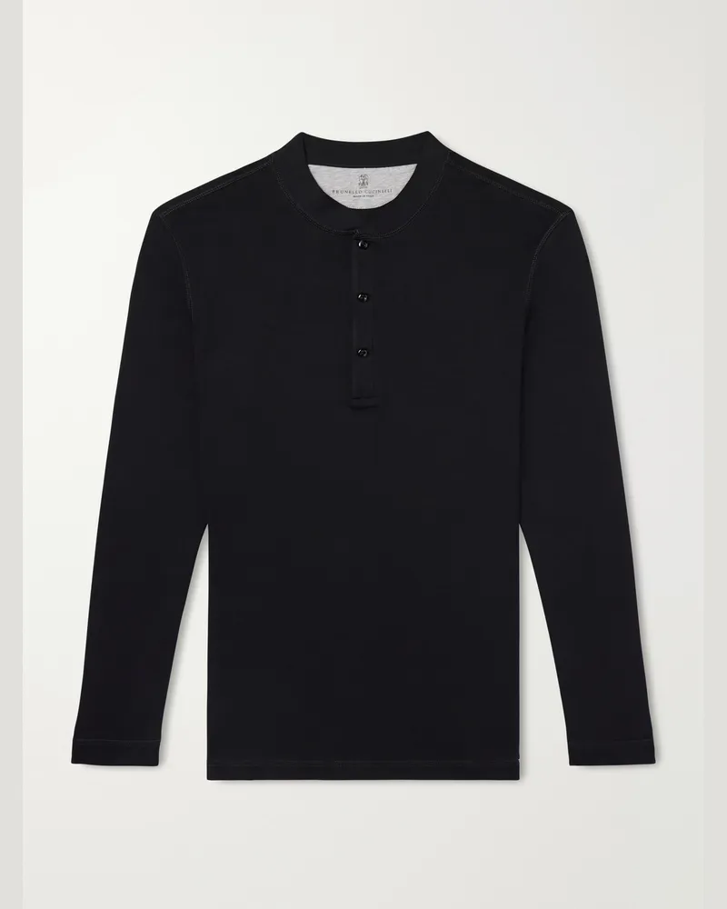 Brunello Cucinelli Ribbed Cotton and Modal-Blend Jersey Henley T-Shirt Black