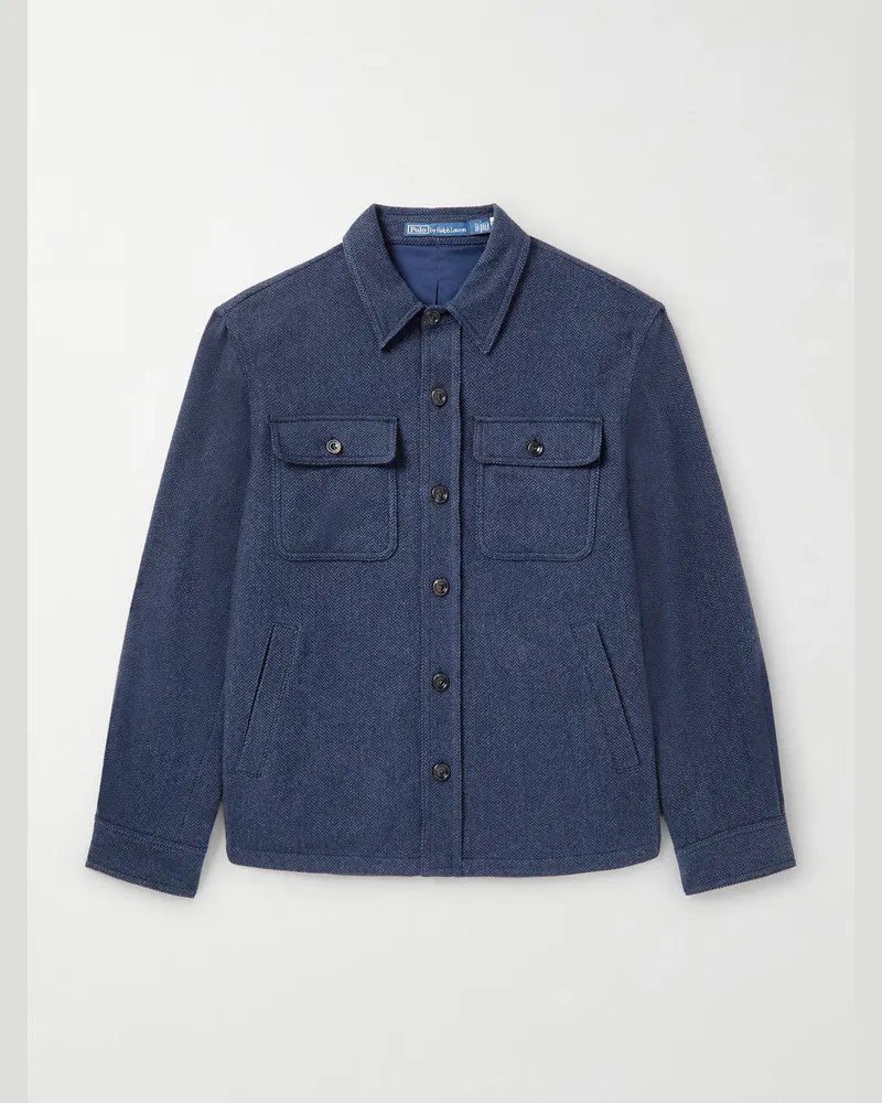 Ralph Lauren Hemdjacke aus einer Wollmischung mit Fischgratmuster Blau
