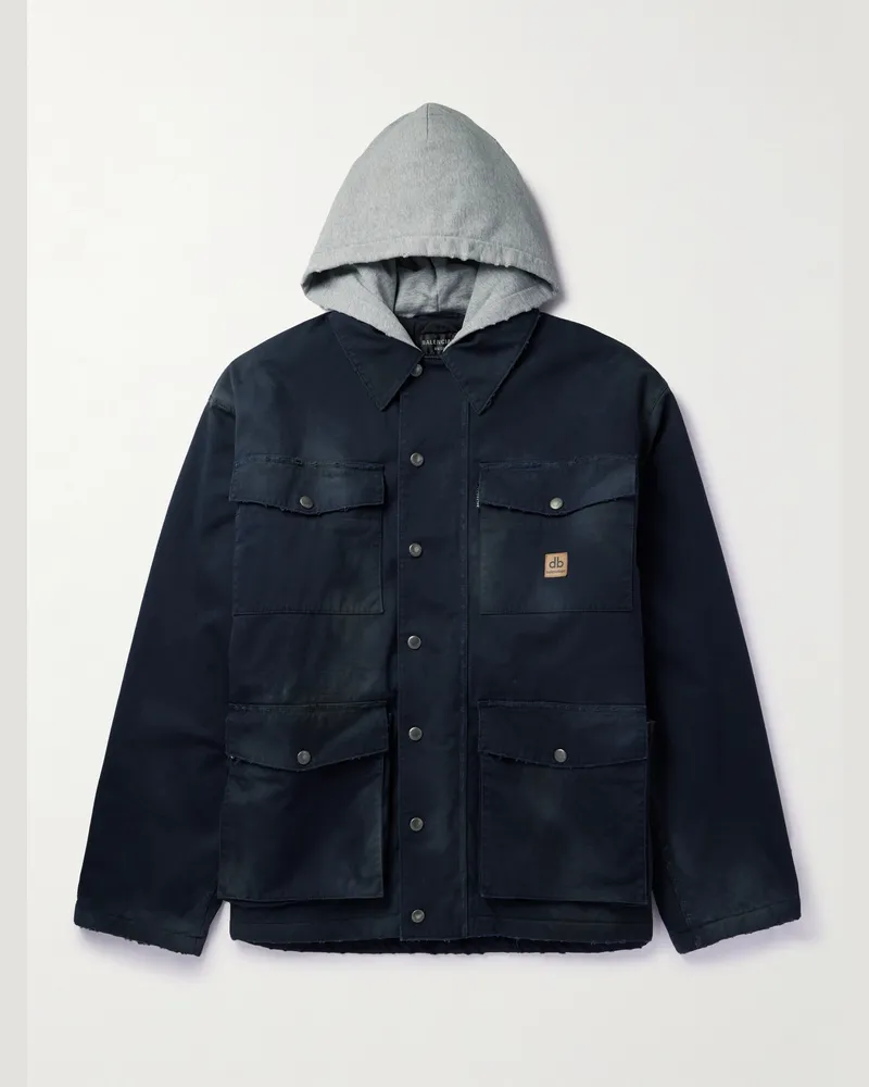 Balenciaga Oversized Jersey-Trimmed Distressed Organic Cotton-Blend Gabardine Parka Blue