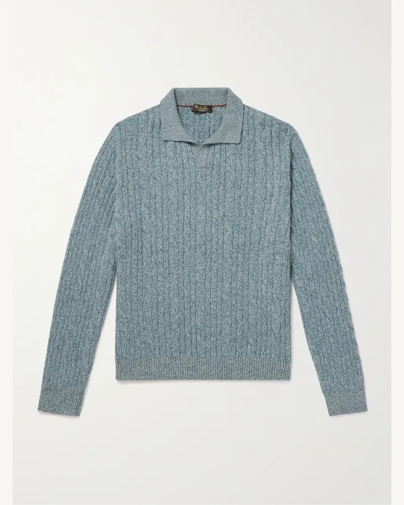 Loro Piana Cable-Knit Cashmere Polo Sweater Blue