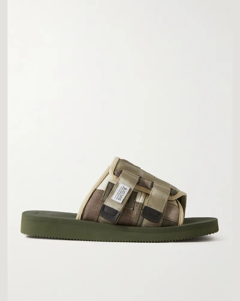 SUICOKE KAW-VS Sandalen aus Denim mit Besatz aus Webband und Veloursleder Grün