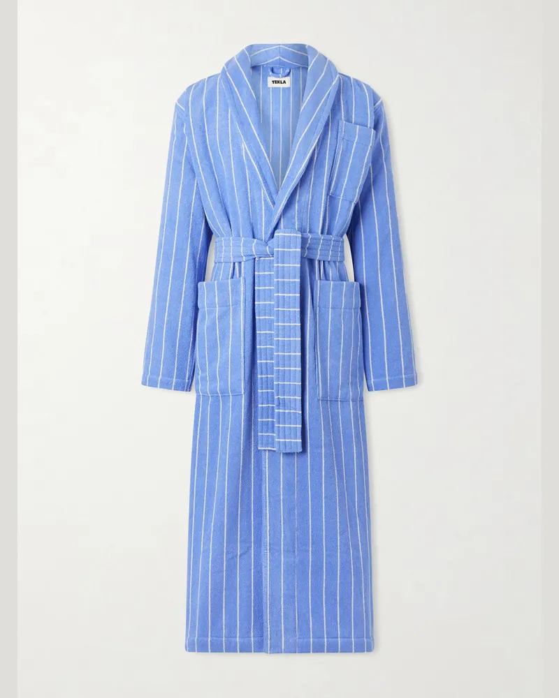 TEKLA Belted Striped Organic Cotton-Terry Robe Blue