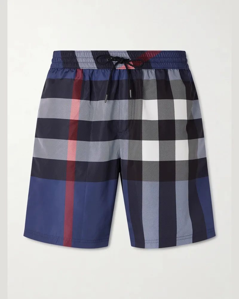 Burberry Straight-Leg Mid-Length Checked Swim Shorts Blue