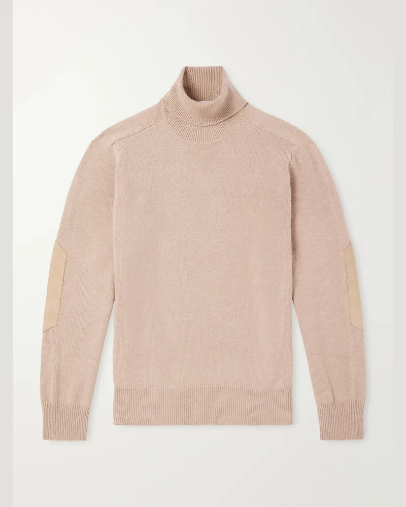 Brunello Cucinelli Suede-Trimmed Cashmere Sweater Neutrals