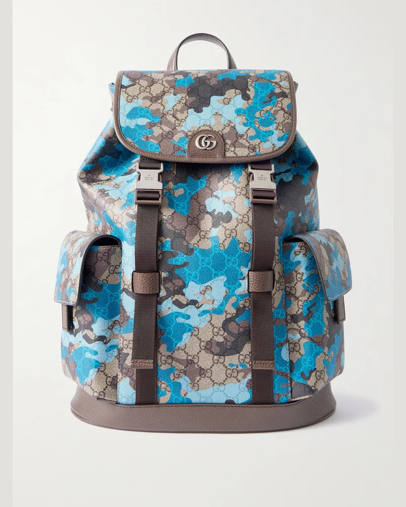 Gucci Rucksack aus beschichtetem Canvas mit Logomuster, Camouflage-Print und Webband Blau