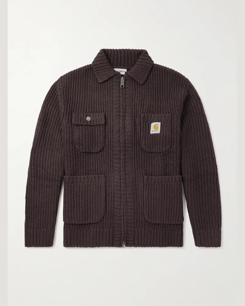 Carhartt WIP Cardigan aus Rippstrick mit Logoapplikation und Reißverschluss Braun