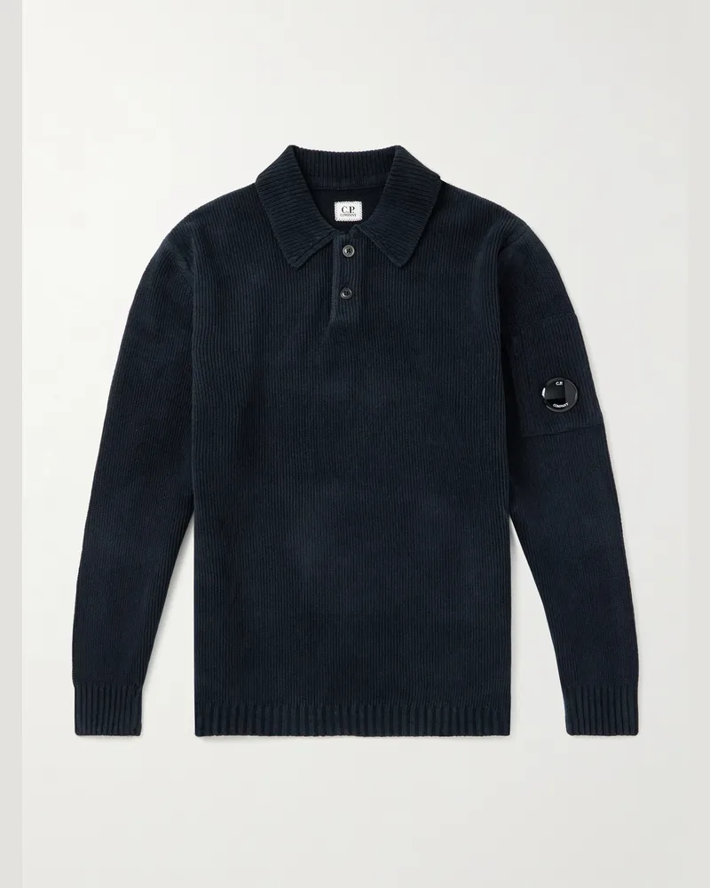 C.P. Company Rippstrickpullover aus Baumwolle mit Polokragen und Logodetail Blau