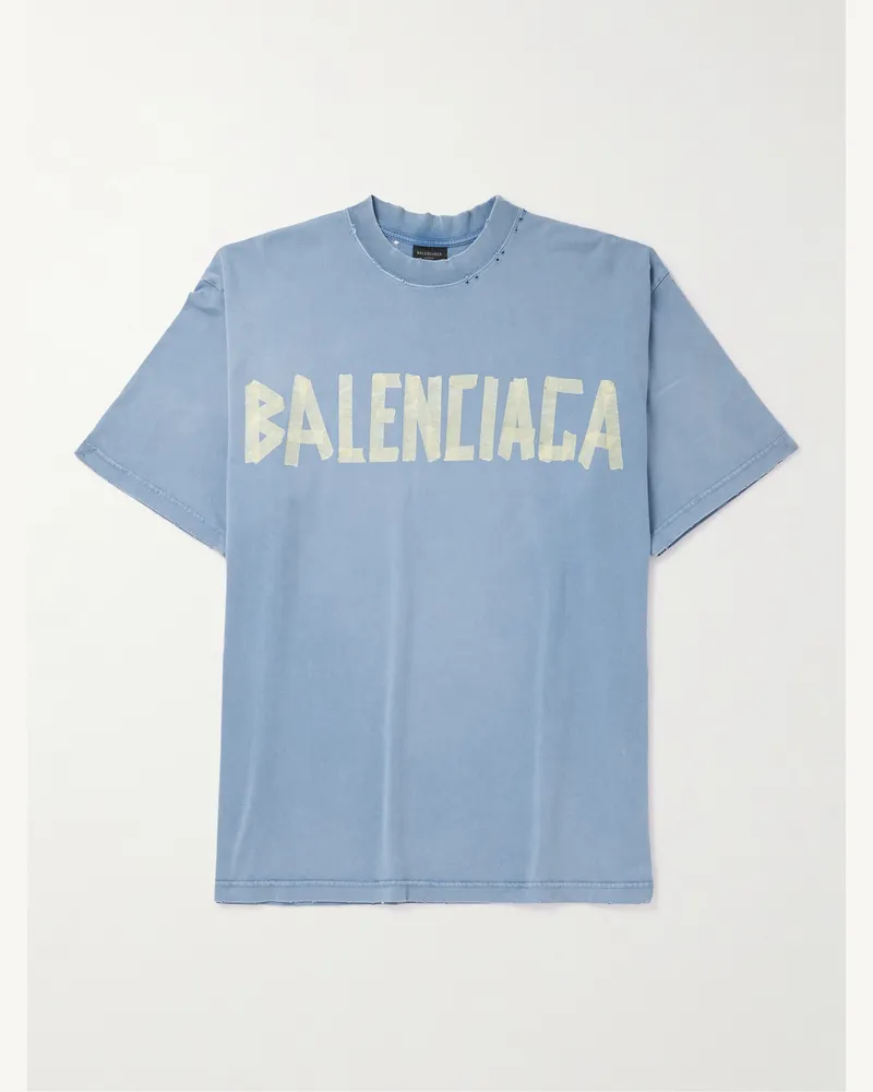 Balenciaga Oversized Distressed Logo-Print Cotton-Jersey T-Shirt Blue