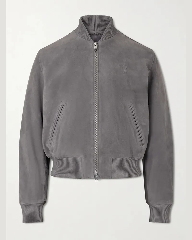 AMI Paris Logo-Embossed Suede Bomber Jacket Gray