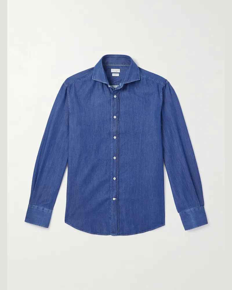 Brunello Cucinelli Schmal geschnittenes Hemd aus Baumwolle mit Cutaway-Kragen Blau