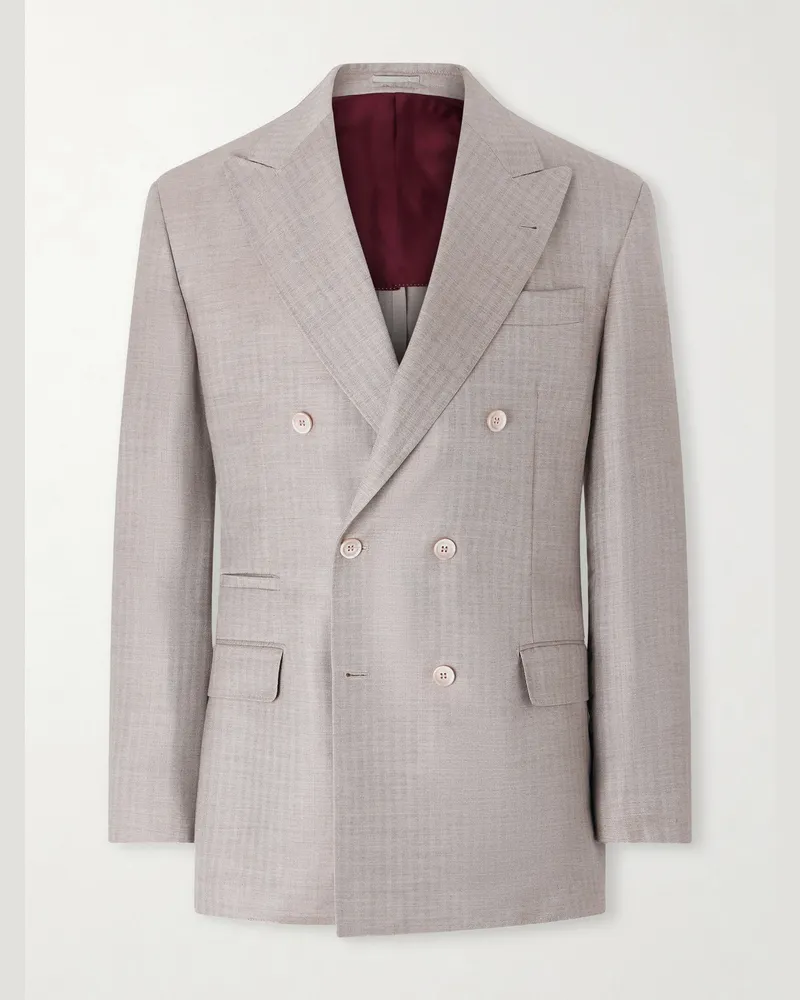Brunello Cucinelli Double-Breasted Herringbone Cashmere and Silk-Blend Suit Jacket Neutrals