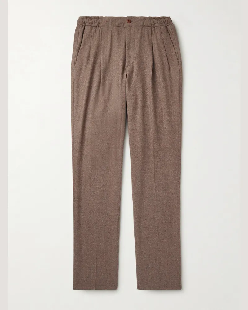 Rubinacci Leisure Straight-Leg Pleated Wool-Flannel Trousers Brown