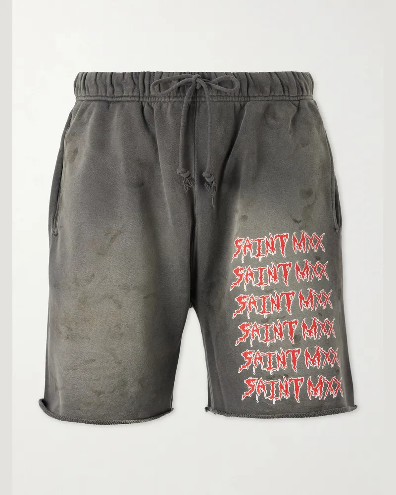 SAINT MXXXXXX Wide-Leg Logo-Print Distressed Cotton-Jersey Drawstring Shorts Gray