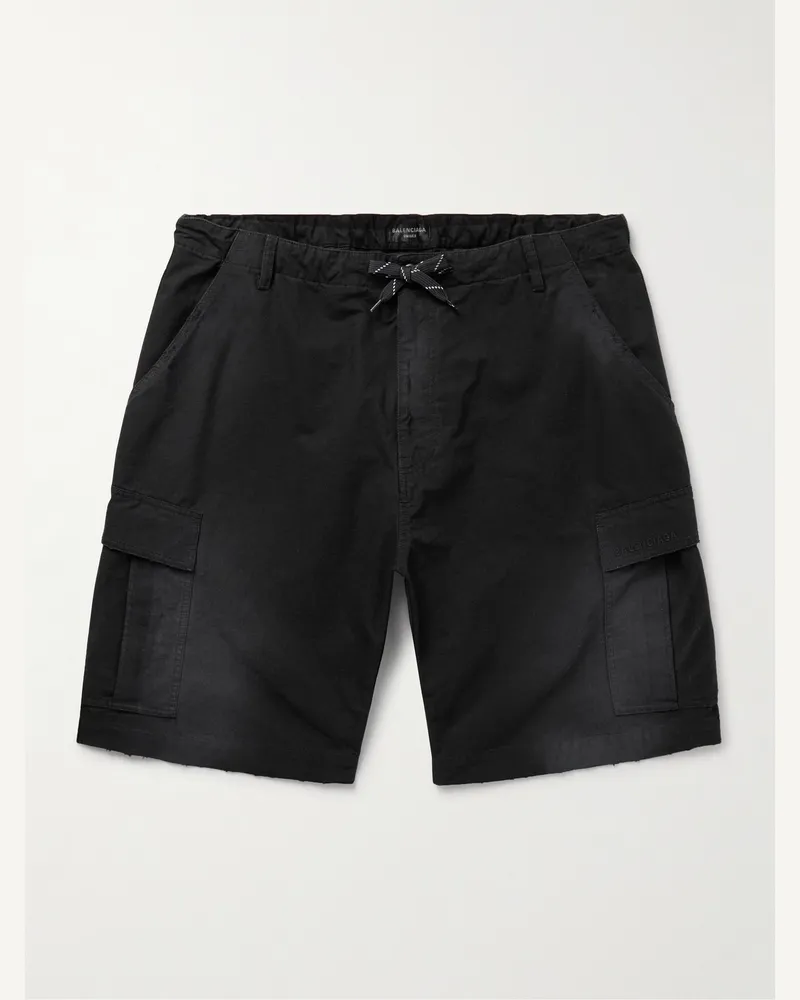 Balenciaga Wide-Leg Distressed Cotton-Ripstop Drawstring Cargo Shorts Black