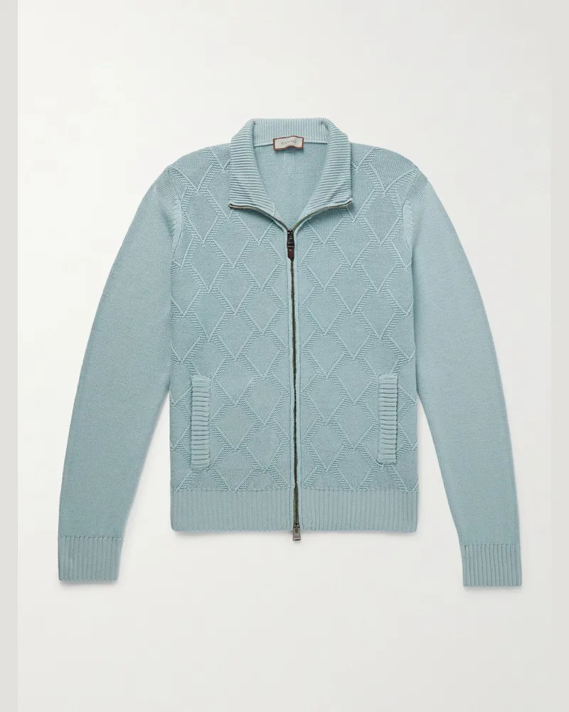 Canali Textured-Knit Merino Wool Zip-Up Cardigan Blue