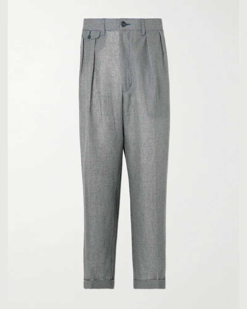 Beams Plus Gerade geschnittene Hose aus einer Leinen-Cupro-Mischung mit Karomuster und Falten Grau