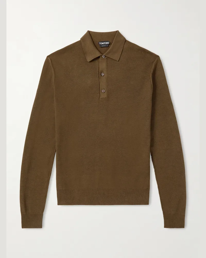 Tom Ford Silk and Cotton-Blend Piqué Polo Shirt Brown