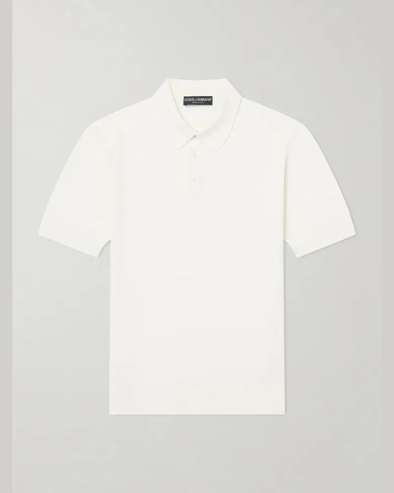 Dolce & Gabbana Logo-Embroidered Knitted Silk Polo Shirt White