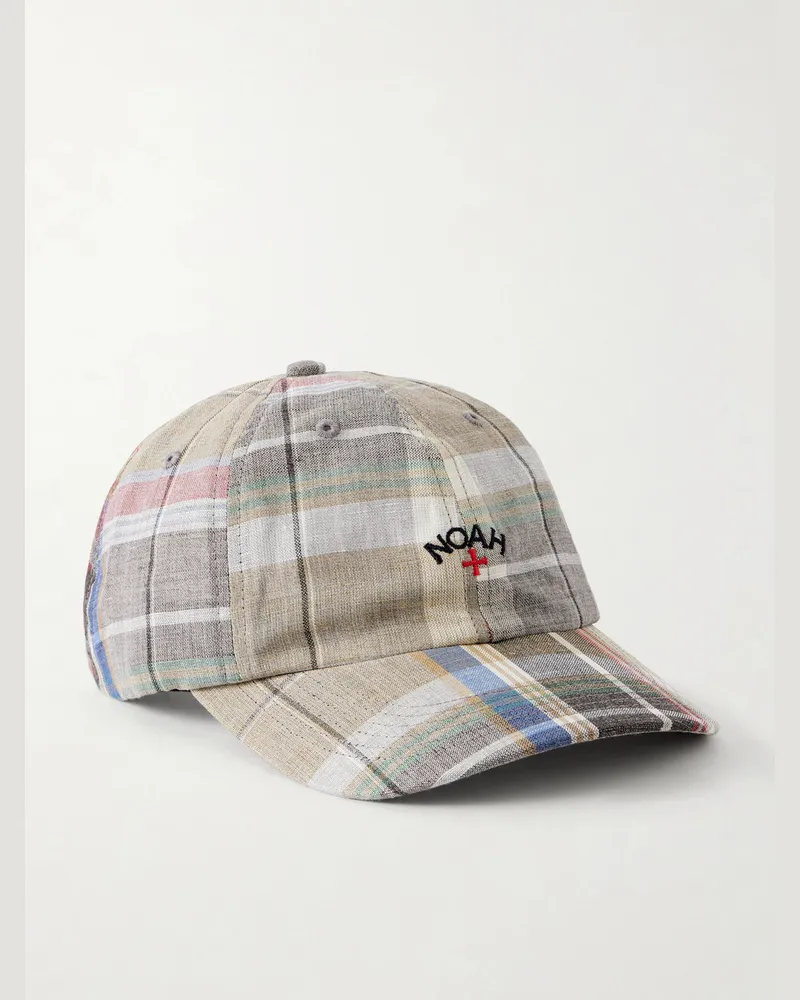 Noah NYC Logo-Embroidered Checked Wool and Linen-Blend Cap Brown