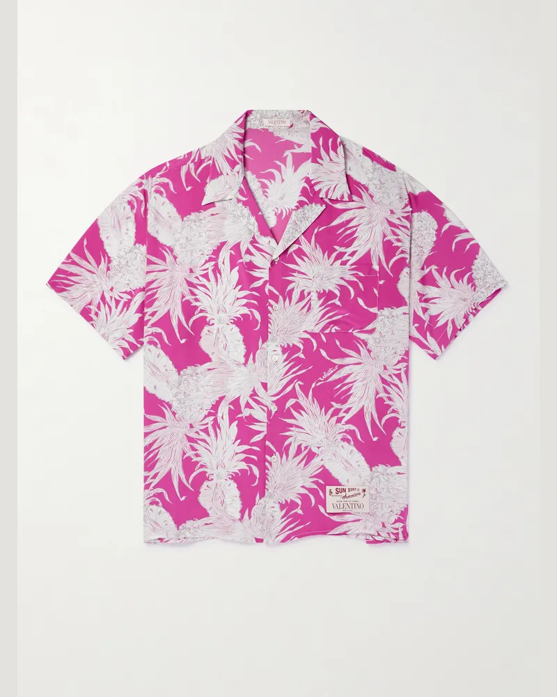 Valentino Garavani Sun Surf Hemd aus bedrucktem Crêpe de Chine aus Seide mit Reverskragen und Logoapplikation Pink