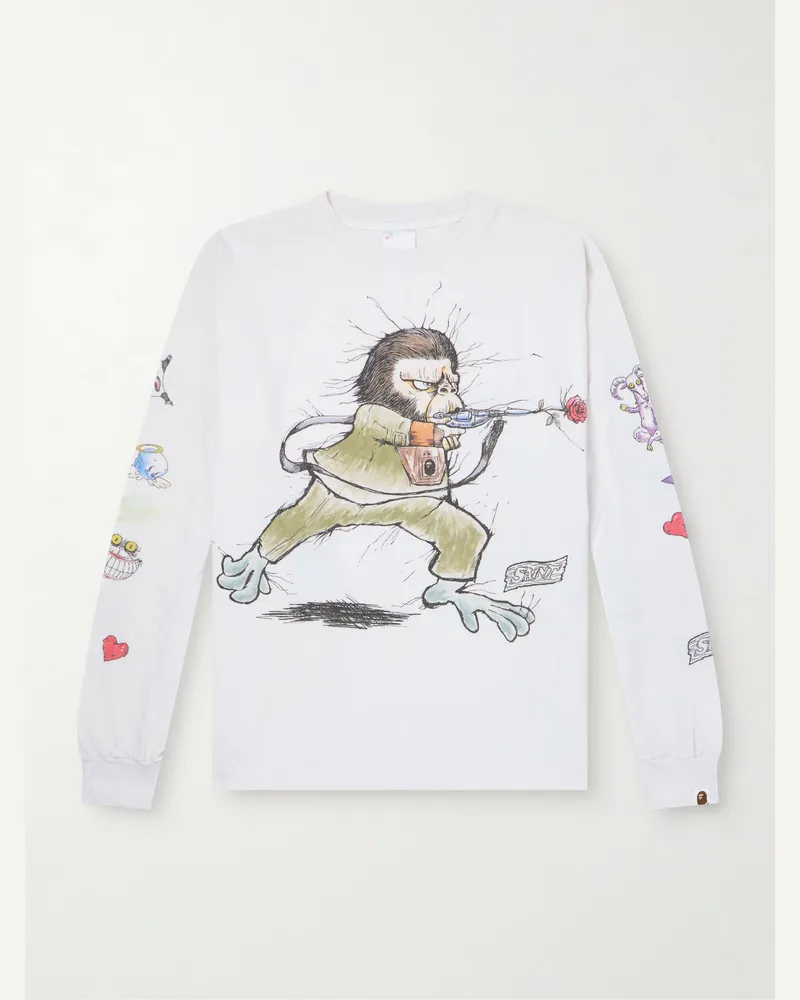 SAINT MXXXXXX BAPE® Running Printed Distressed Cotton-Jersey T-Shirt White