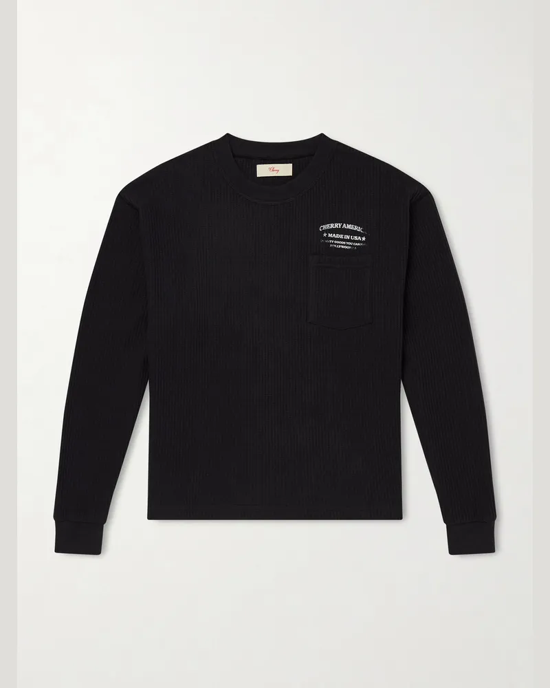 Cherry Los Angeles Ranch Wear Thermal Logo-Print Ribbed Cotton-Blend Jersey T-Shirt Black