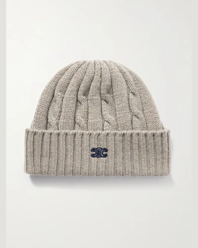 Celine Logo-Embroidered Cable-Knit Cashmere Beanie Gray