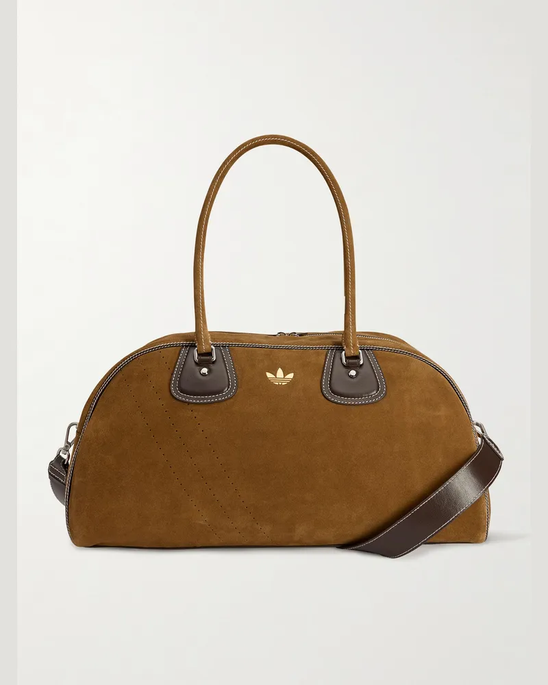 adidas Wales Bonner Bowling große Reisetasche aus Veloursleder mit Perforationen und Lederbesatz Braun