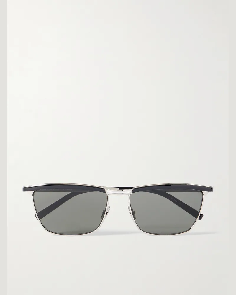 Saint Laurent Joe silberfarbene Sonnenbrille mit eckigem Rahmen und Details aus Azetat Silber