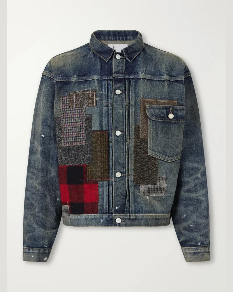 Junya Watanabe Patchwork Distressed Paint-Splattered Denim Jacket Blue