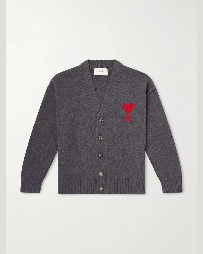 AMI Paris Logo-Intarsia Merino Wool Cardigan Gray