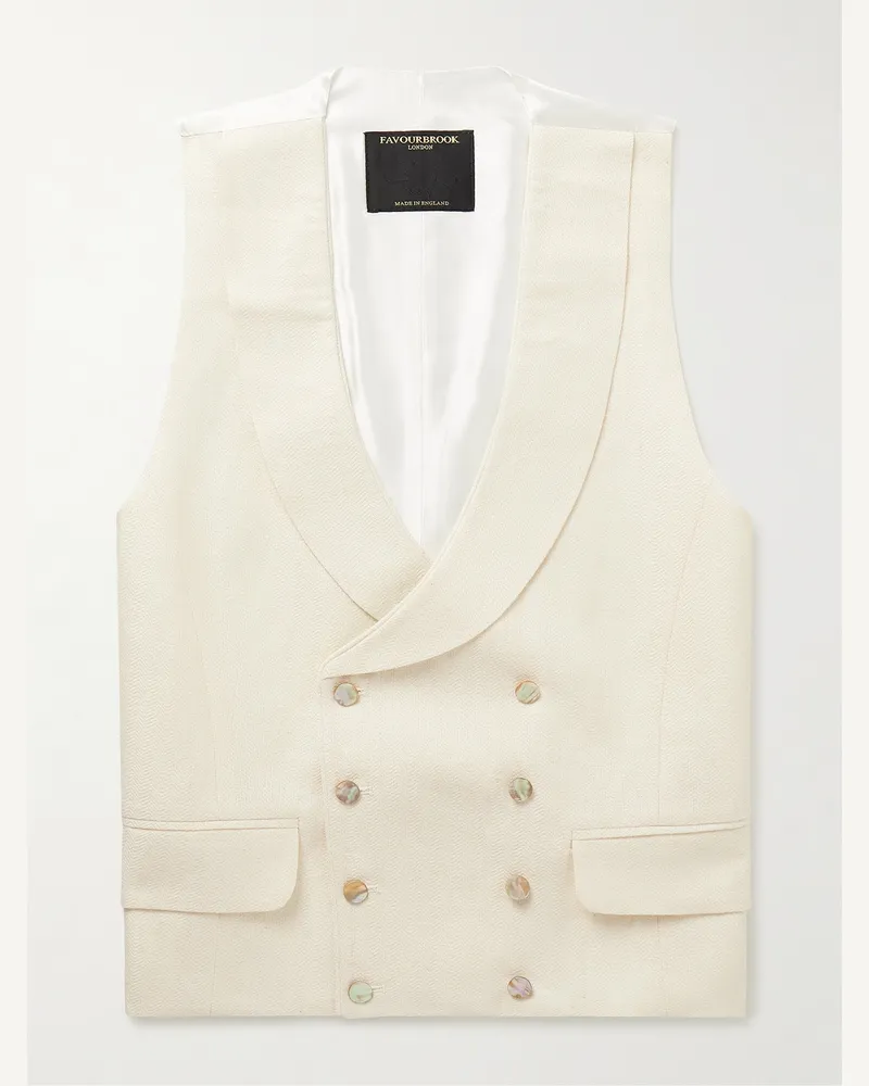 Favourbrook Randwick schmal geschnittene doppelreihige Weste aus einer Leinen-Seidenmischung mit Fischgratmuster und Satin Neutral