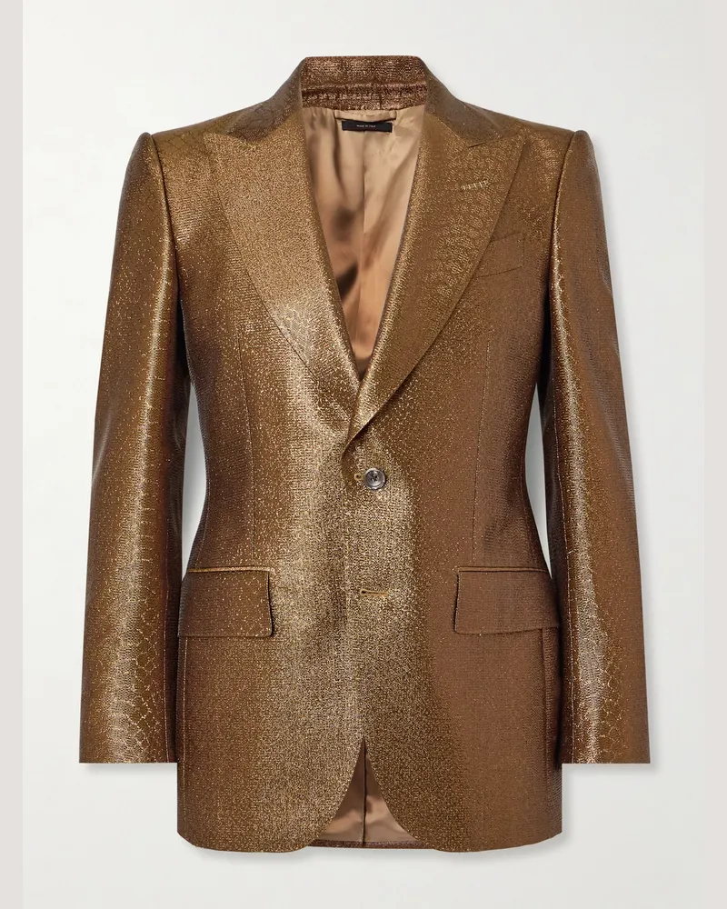 Tom Ford Schmal geschnittene Smokingjacke aus einer beschichteten Wollmischung mit Krokodileffekt Braun