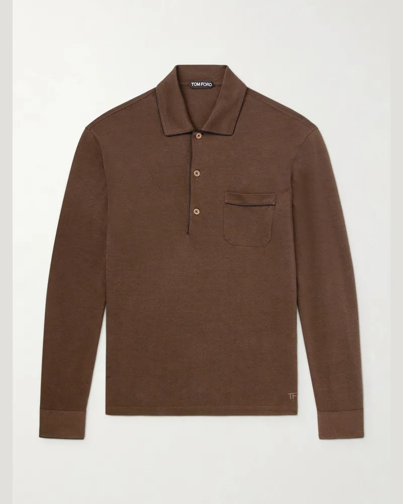 Tom Ford Piped Silk and Cotton-Blend Piqué Polo Shirt Brown