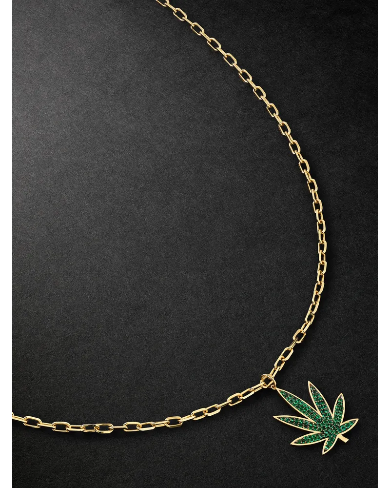 Sydney Evan Large Pot Leaf Kette aus Gold mit Diamanten Grün