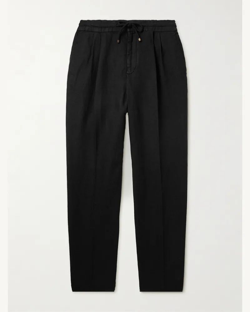 Brunello Cucinelli Straight-Leg Pleated Linen-Twill Drawstring Trousers Black