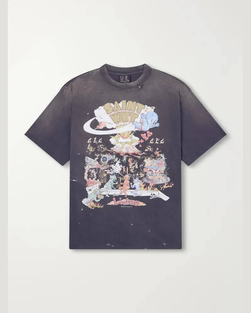 SAINT MXXXXXX Living Printed Distressed Cotton-Jersey T-Shirt Black