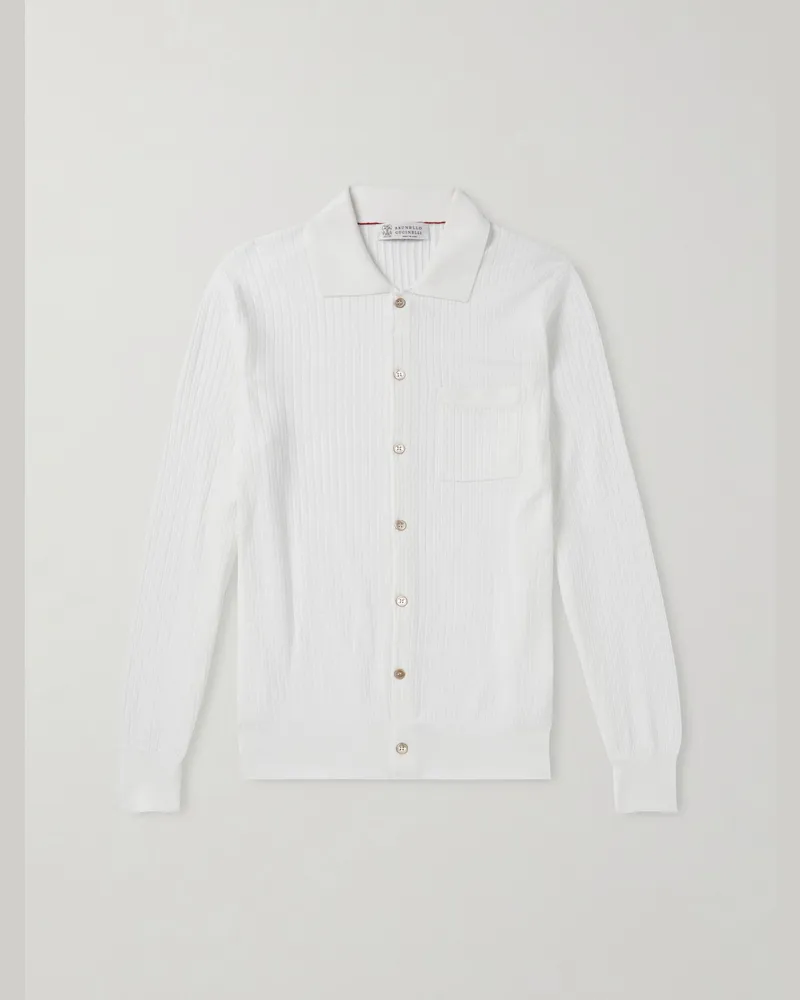 Brunello Cucinelli Oberteil aus Baumwolle in Rippstrick mit Polokragen Weiß