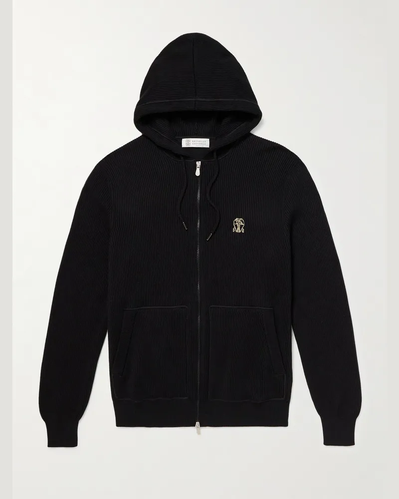 Brunello Cucinelli Kapuzenjacke aus Baumwolle in Rippstrick mit Logostickerei Schwarz