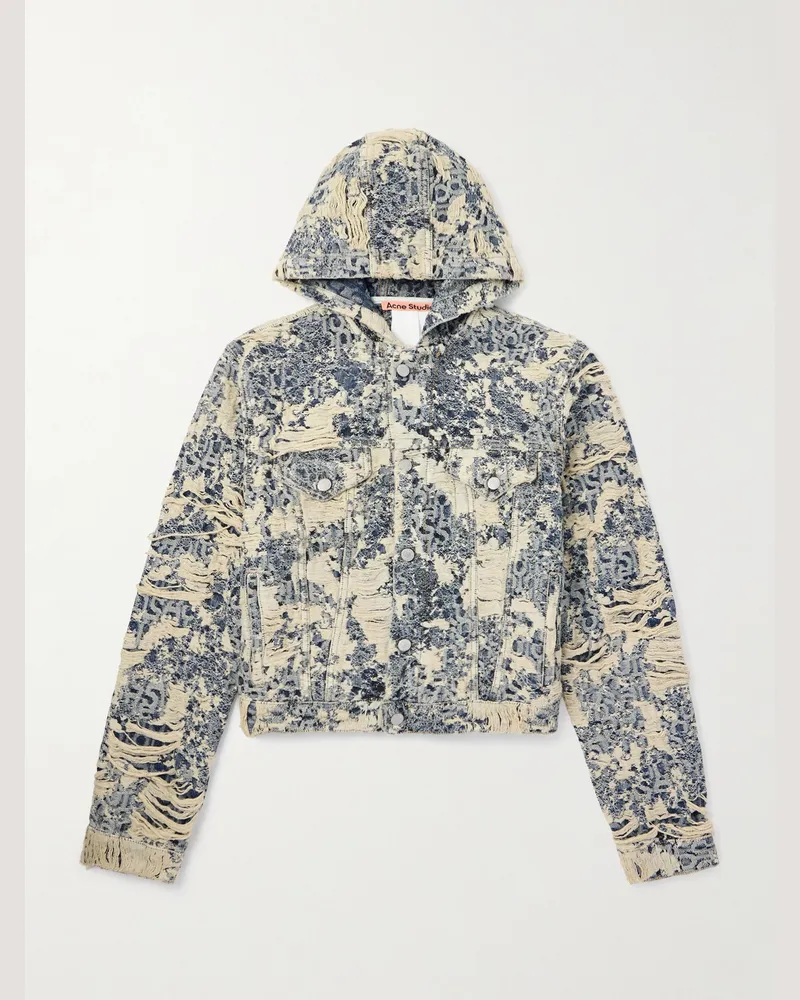 Acne Studios Kapuzenjacke aus Denim mit Jacquard-Logomuster in Distressed-Optik Blau