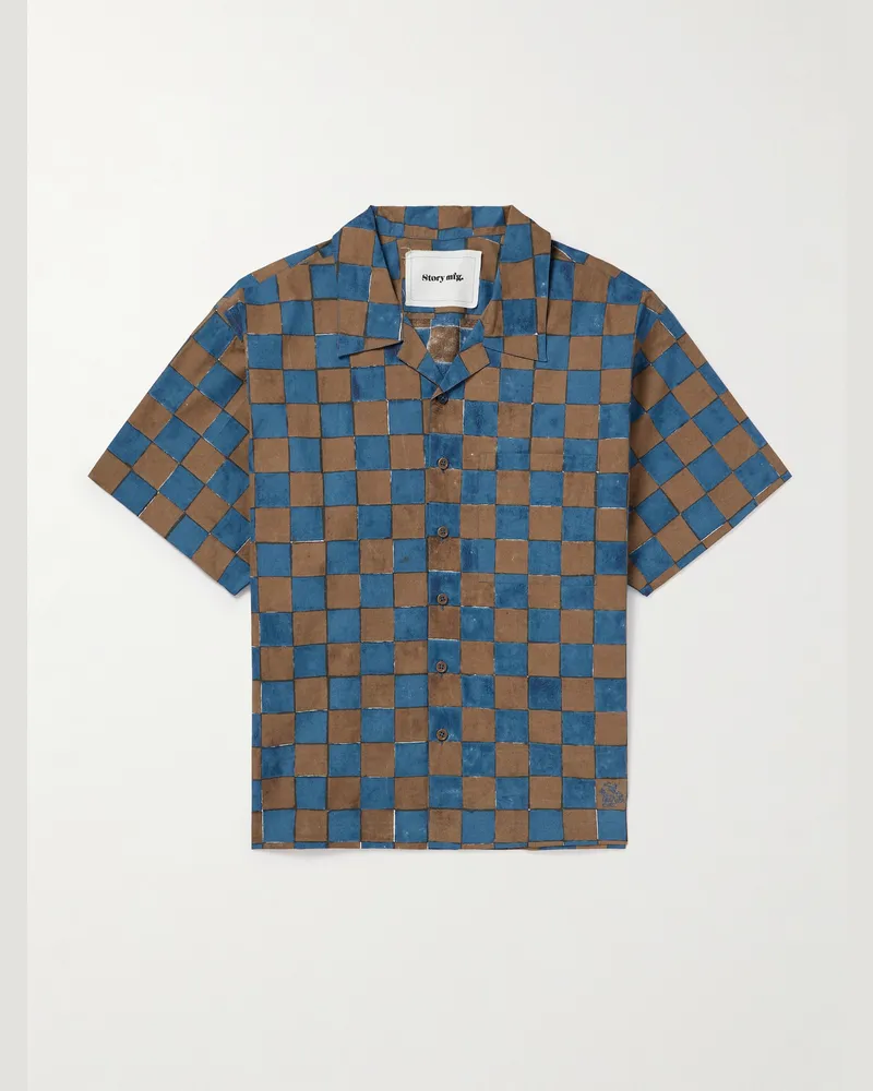 STORY mfg. Greetings Hemd aus Biobaumwolle mit Logostickerei, Reverskragen und Karomuster Blau
