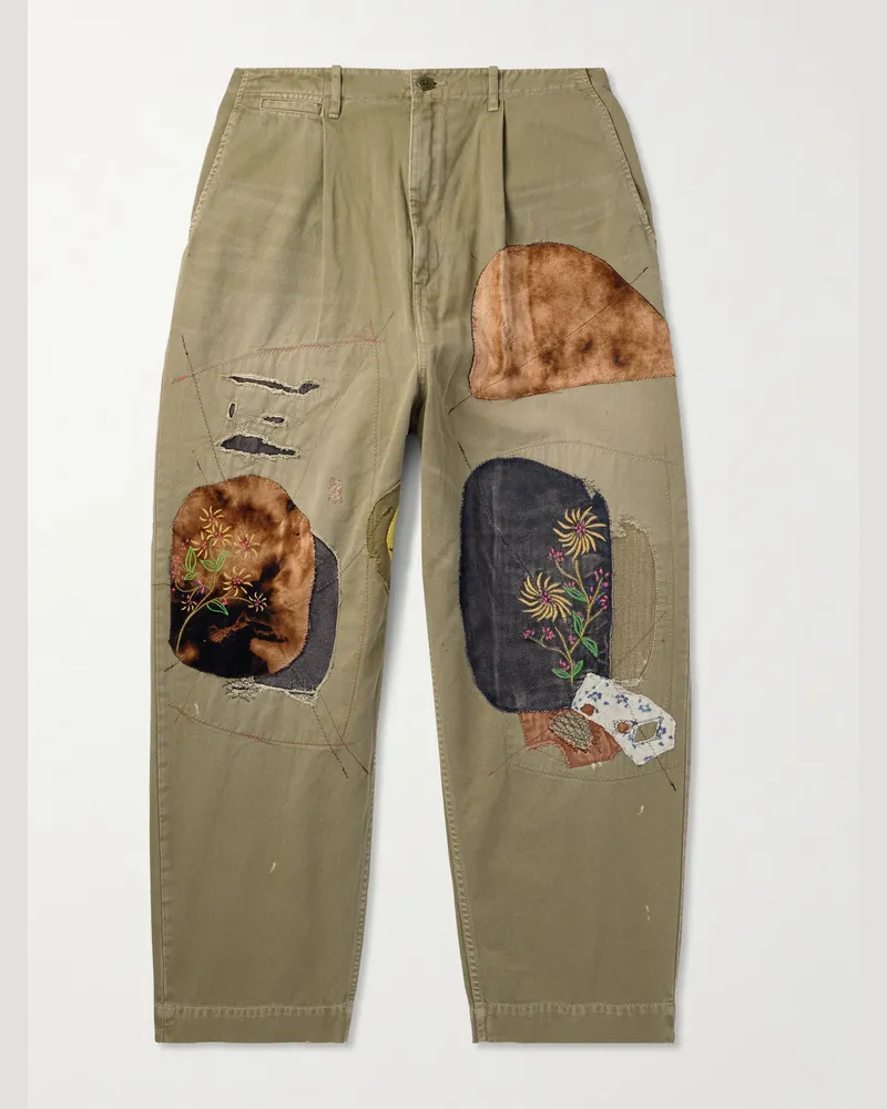 KAPITAL Katsuragi schmal zulaufende Hose aus Baumwoll-Twill mit Applikationen und Distressed-Details Grün