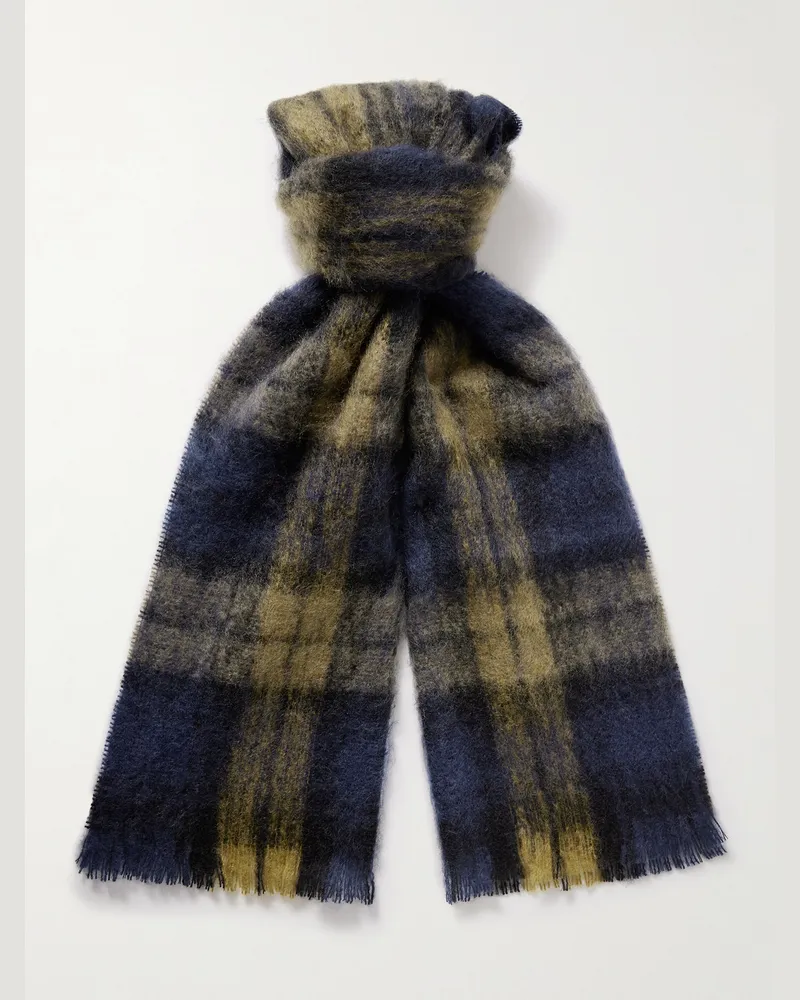 De Bonne Facture University Schal aus einer karierten Mohair-Wollmischung mit Fransen Blau