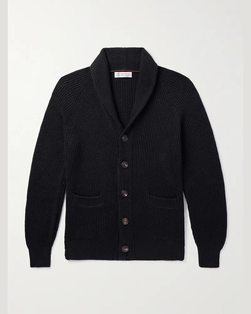 Brunello Cucinelli Cardigan aus Baumwolle in Rippstrick mit Schalkragen Schwarz