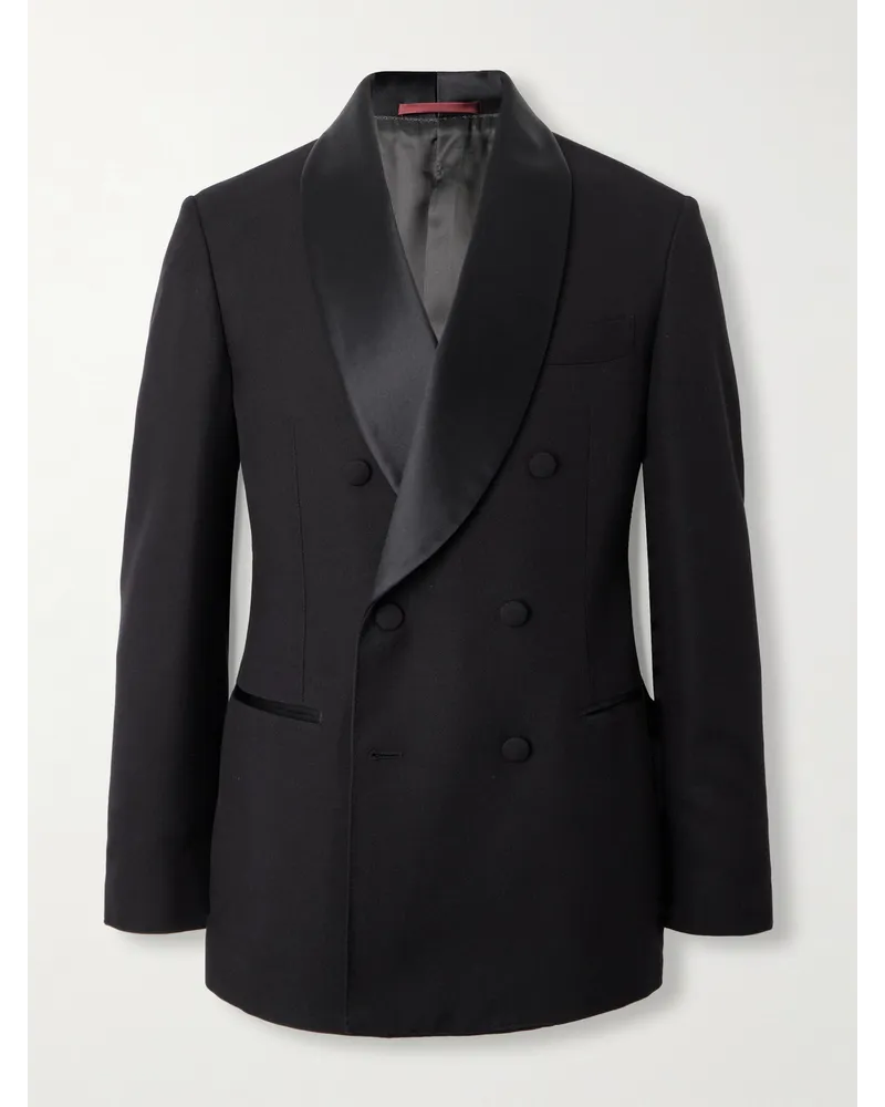 Brunello Cucinelli Doppelreihige Smokingjacke aus Grain de Poudre mit Satinbesatz Schwarz