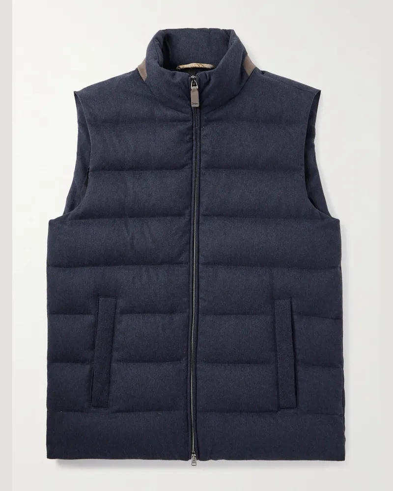 Herno Daunenweste aus Twill aus einer gesteppten Seiden-Kaschmirmischung mit Velourslederbesatz Blau