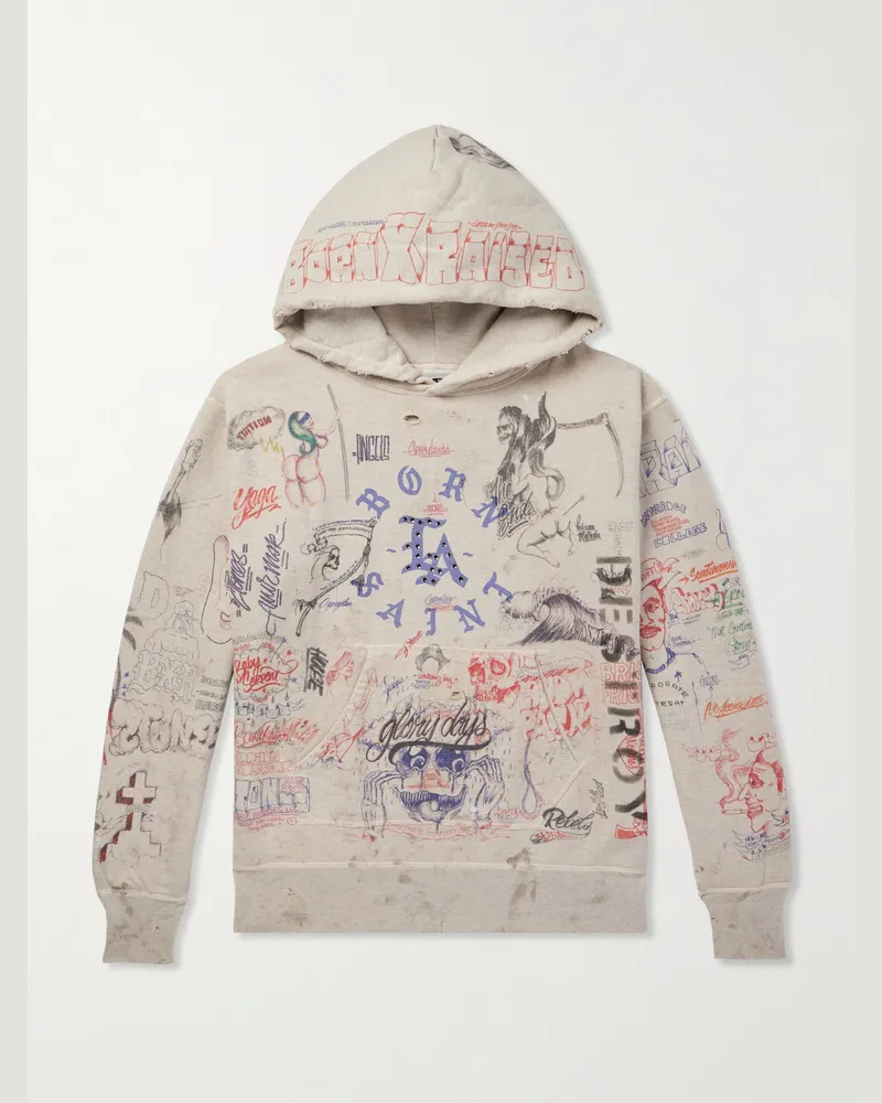 SAINT MXXXXXX Born X Raised Hoodie aus bedrucktem Baumwoll-Jersey mit Kristallen und Distressed-Details Neutral