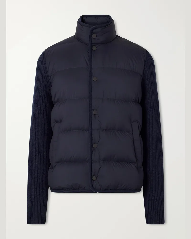 Moncler Ribbed Wool and Quilted Shell Down Jacket Blue